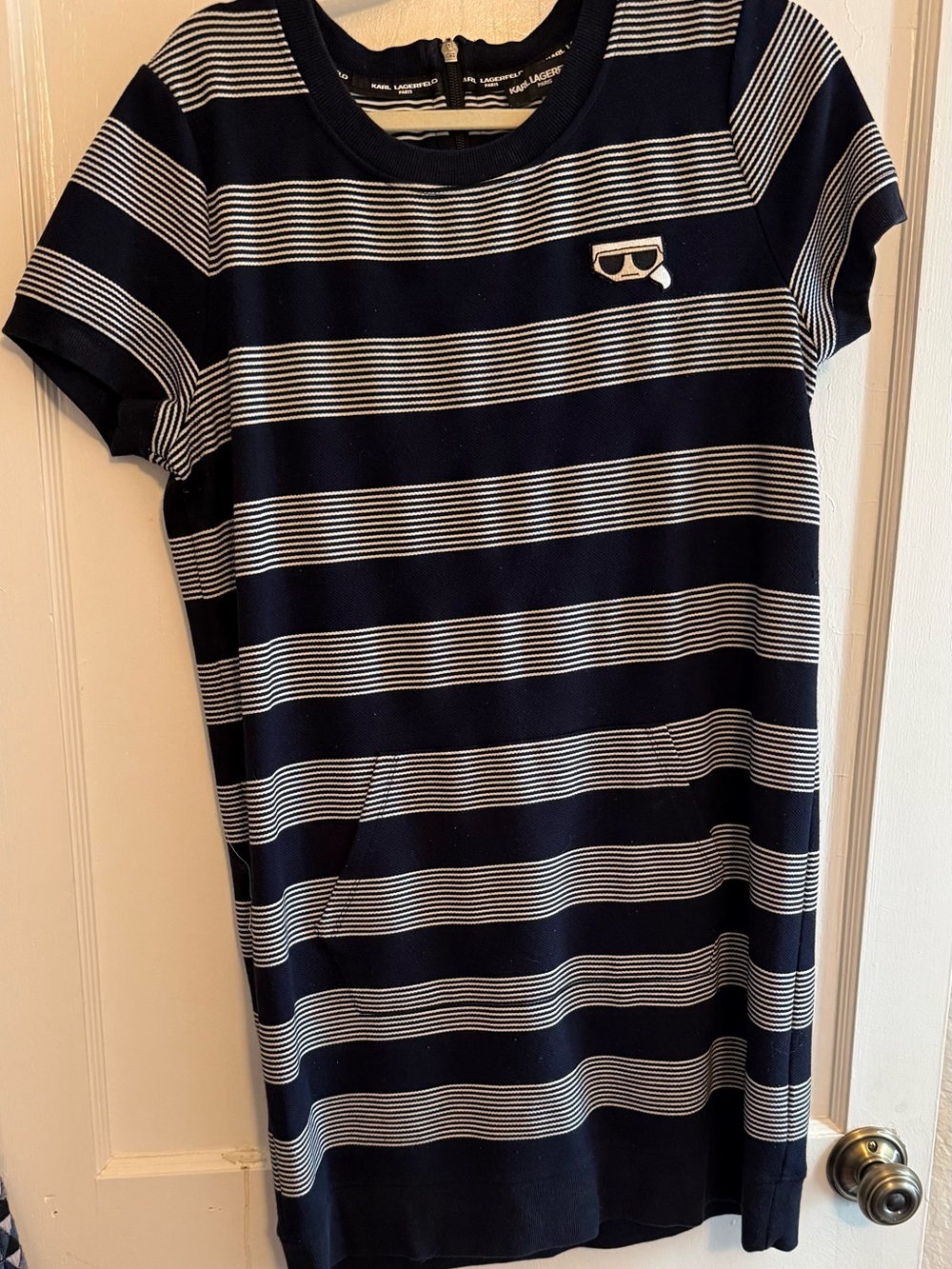 Karl Lagerfeld Paris Nautical Striped Knit Shift Dress w/ Pockets